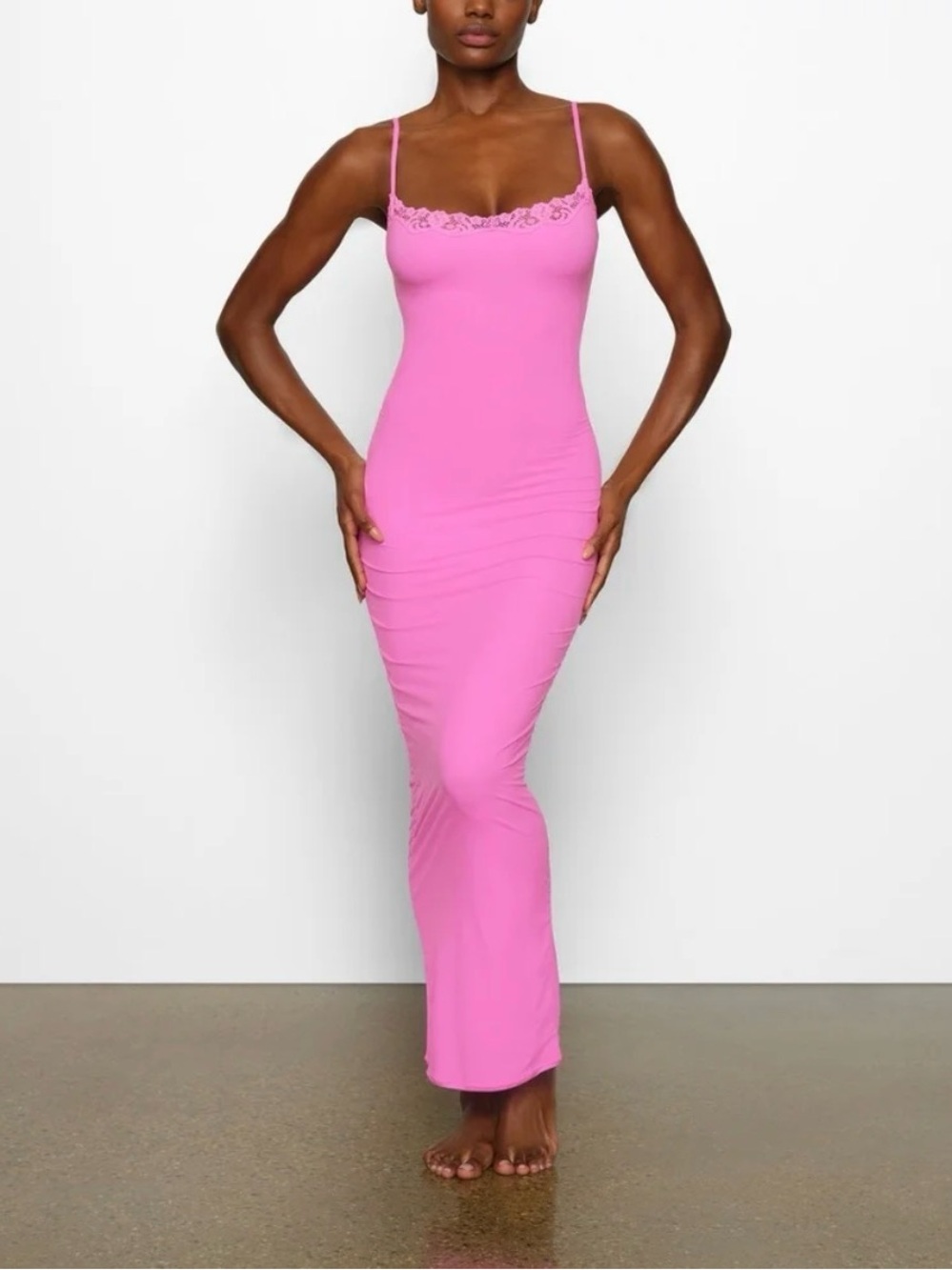 SKIMS FITS EVERYBODY CORDED LACE LONG SLIP DRESS IN NEON ORCHID